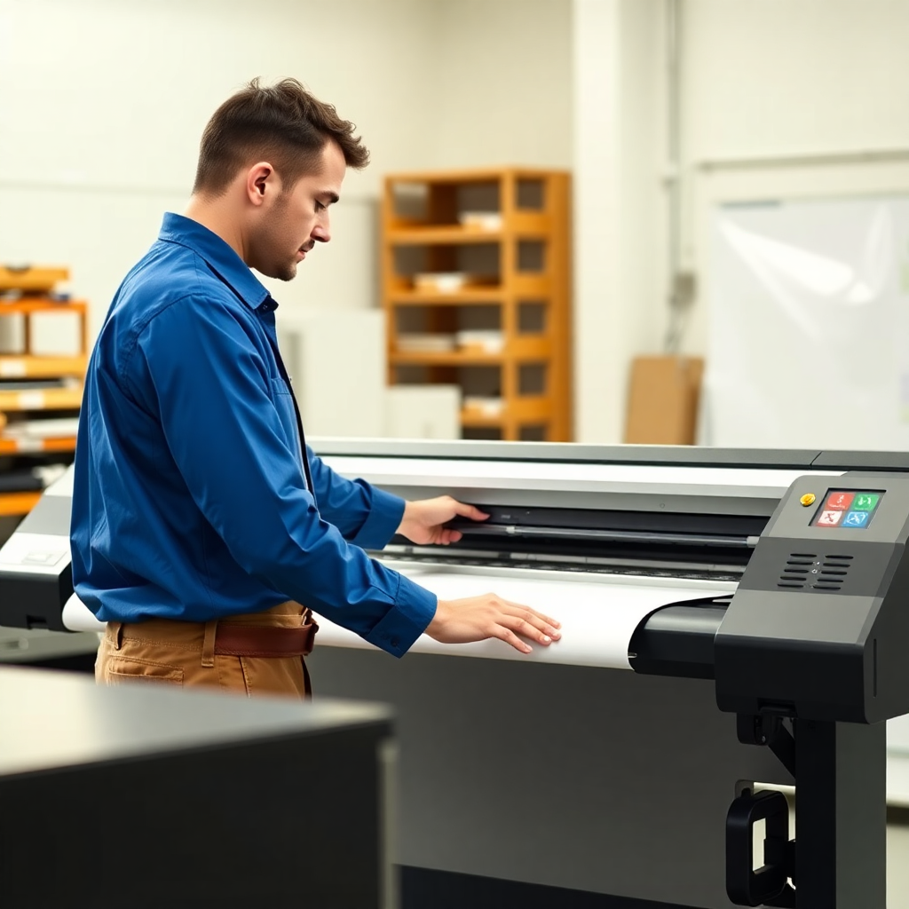 Professional print shop worker operating a large format printer